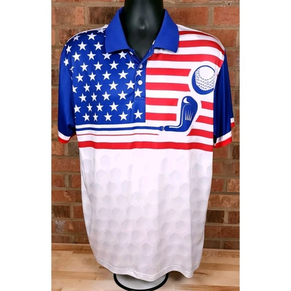 Speed Your Run American Flag Golf Club Mens Performance Polo Shirt Mens Sz Large